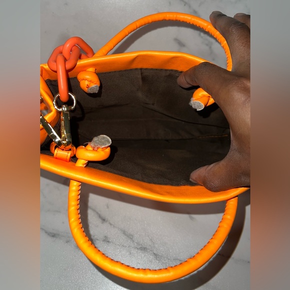 Double Handle Orange Handbag with Chain Strap - Picture 5 of 12